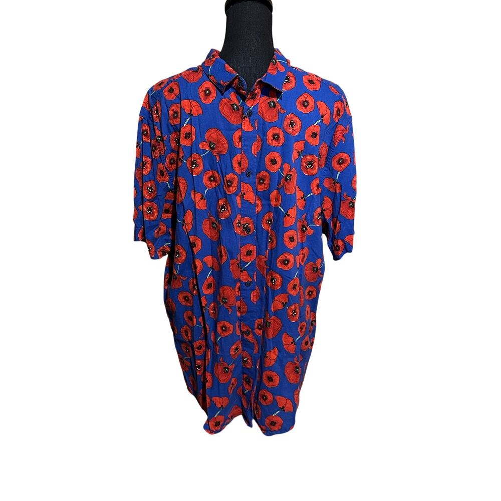 RVCA Mens XL Poppy Floral Button Up Shirt Blue Red Short Sleeve Regular Fit